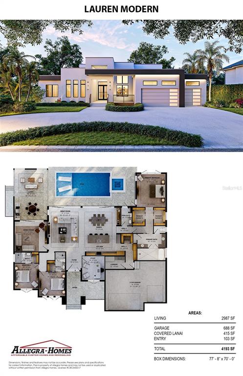 This rendering shows a modern house exterior and its corresponding floor plan with a pool — 509 SPOONBILL WAY, SARASOTA, FL