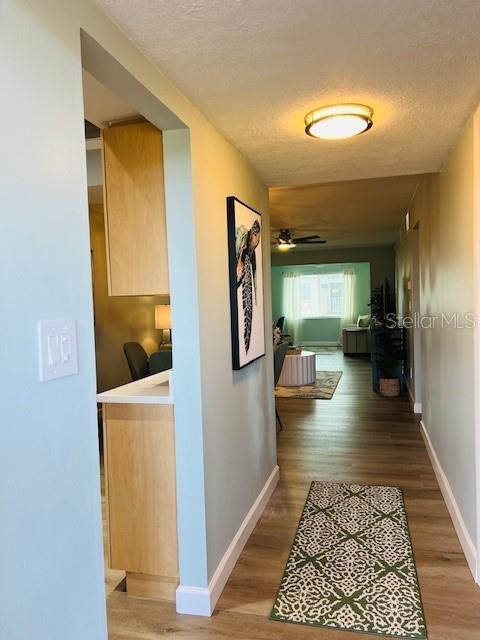 A hallway with light wood flooring leads to a living area with a patterned rug — 4242 HERON WAY UNIT B323, BRADENTON, FL