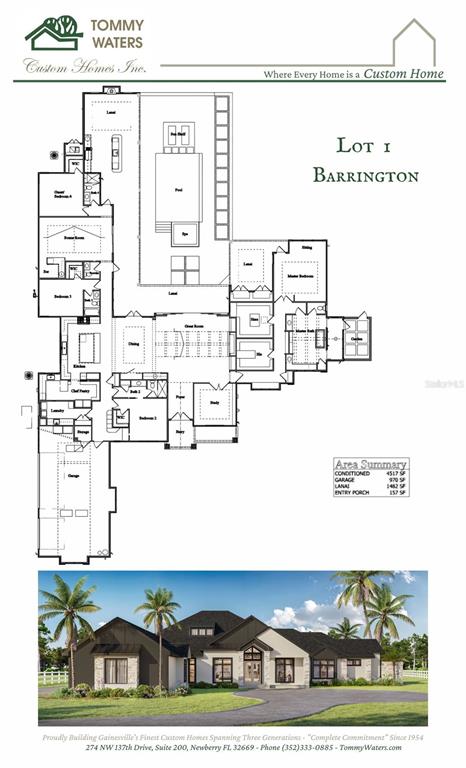 This image shows a floor plan and an exterior rendering of a custom home — 17129 SW 11TH COURT, NEWBERRY, FL