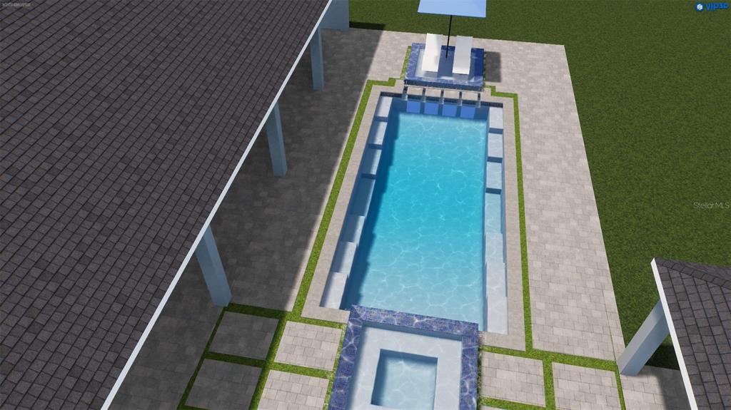 This is a 3D rendering of a rectangular swimming pool with a spa and lounge area — 17129 SW 11TH COURT, NEWBERRY, FL