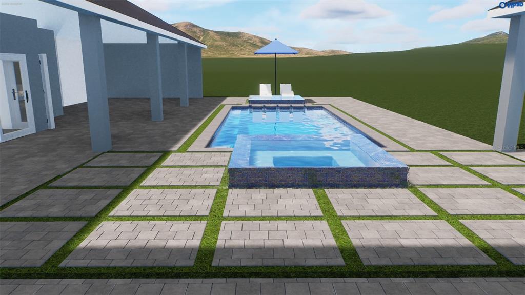 This is a 3D rendering of a backyard patio featuring a swimming pool and spa — 17129 SW 11TH COURT, NEWBERRY, FL