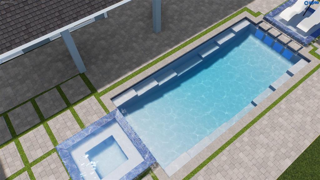 This is a 3D rendering of a rectangular swimming pool with an attached spa and patio — 17129 SW 11TH COURT, NEWBERRY, FL