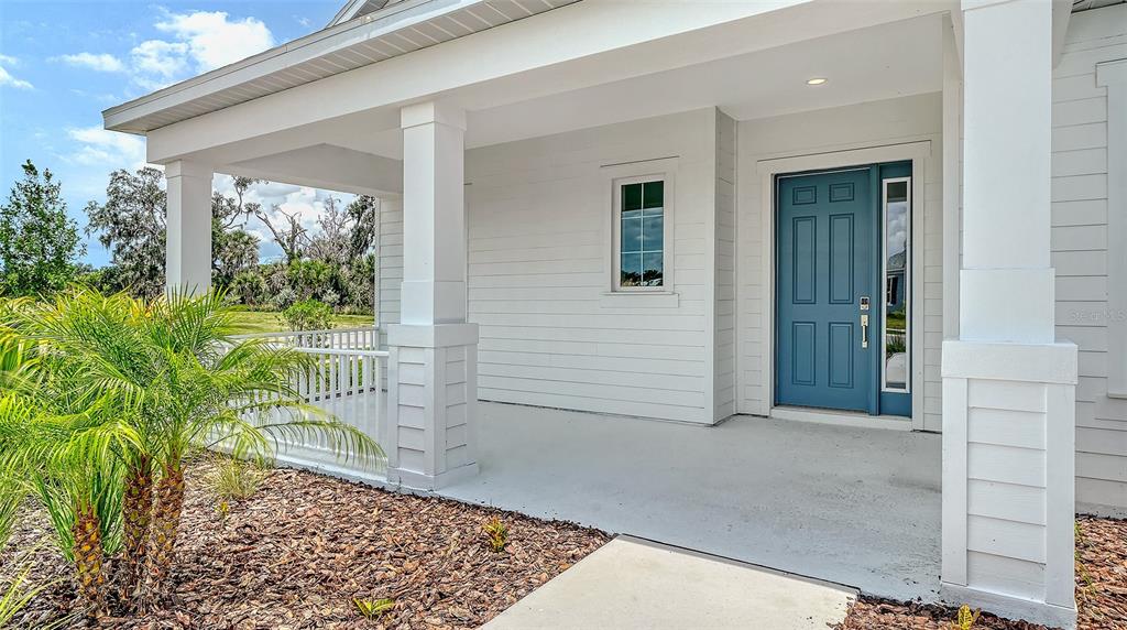 A covered front porch features a blue door, white siding, and a small palm tree — 13508 WILDWATER COURT, PARRISH, FL