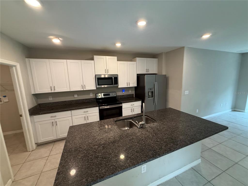 A kitchen features white cabinets, dark granite countertops, a center island, and stainless steel appliances — 1752 COLDING DRIVE, RUSKIN, FL