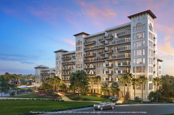 This is an architectural rendering of a multi-story residential building with balconies and palm trees — 10160 AUTUMN MIST LANE UNIT 601, GOLDEN OAK, FL