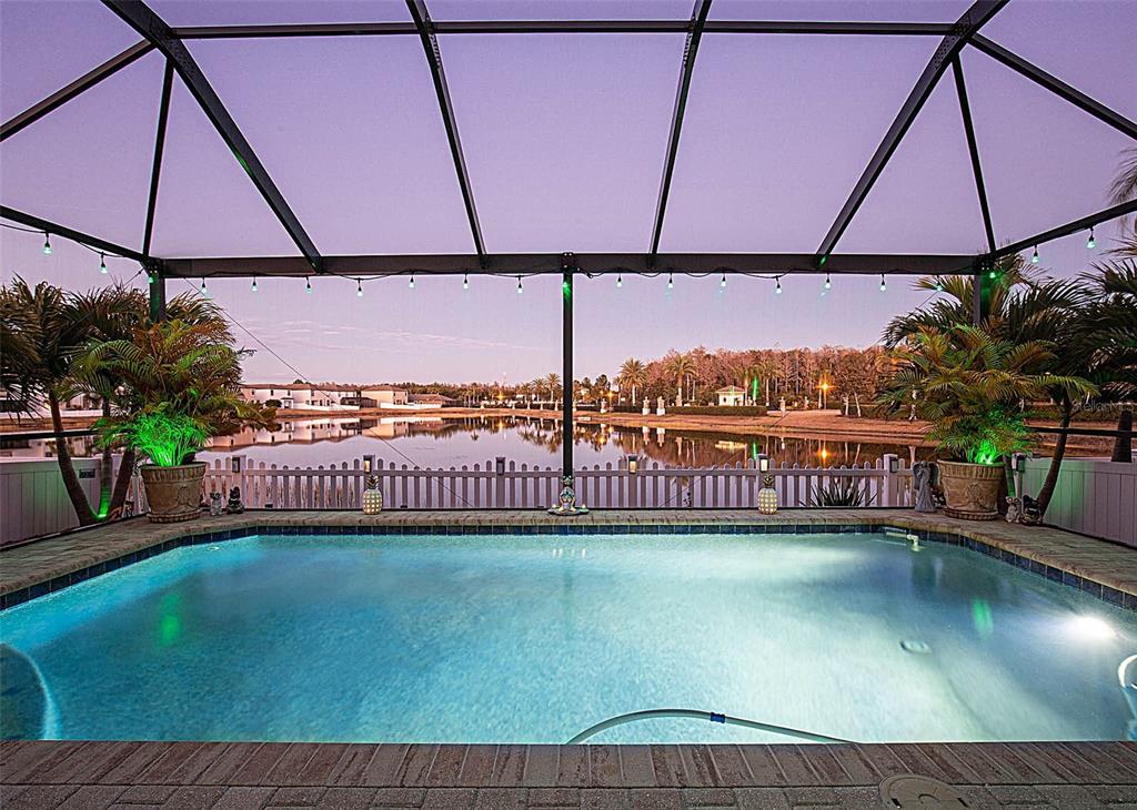 A swimming pool with a screened enclosure overlooks a lake at sunset — 1716 HADDEN HALL PLACE, TRINITY, FL