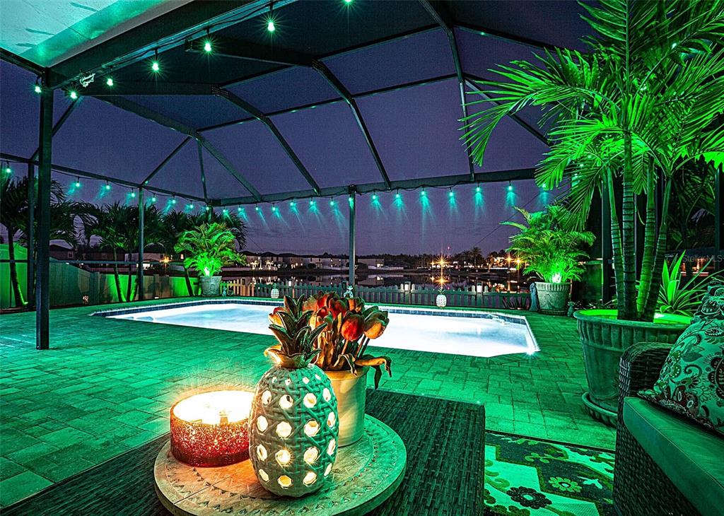 A screened-in pool patio at night features green ambient lighting, palm trees, and outdoor furniture — 1716 HADDEN HALL PLACE, TRINITY, FL