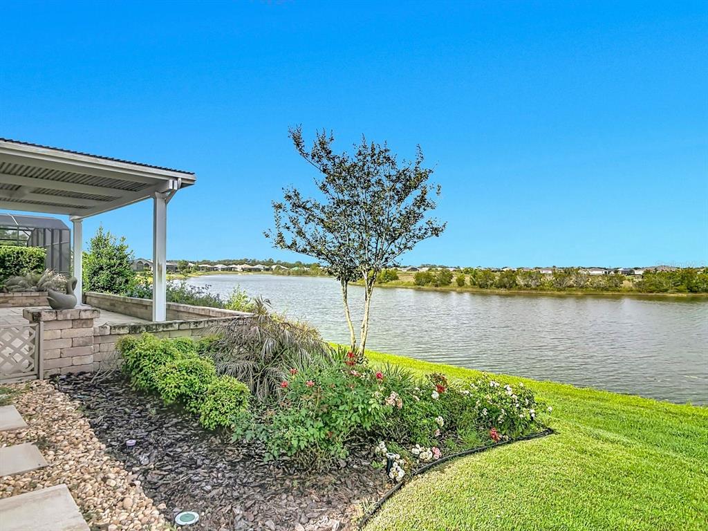 A view of a backyard patio overlooking a lake with a small tree and landscaping — 8461 BRIDGEPORT BAY CIRCLE, MOUNT DORA, FL