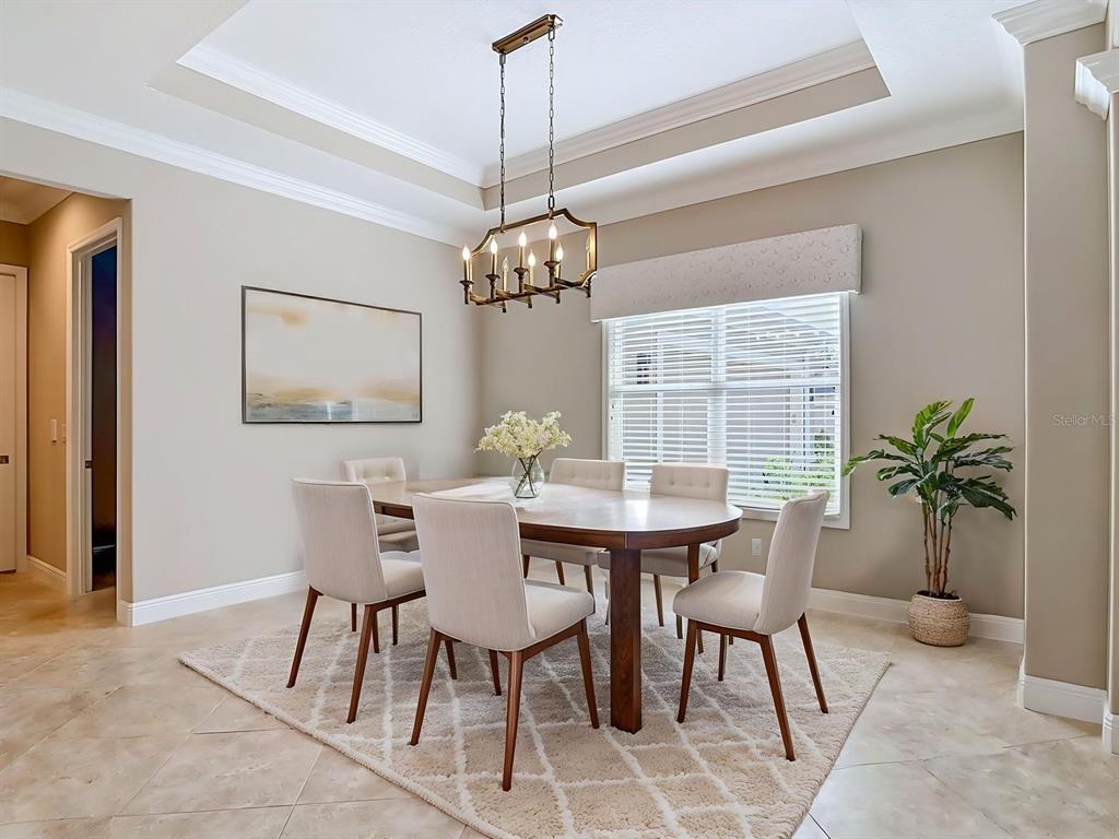 A dining room features a wooden table, six upholstered chairs, a chandelier, and a rug — 8461 BRIDGEPORT BAY CIRCLE, MOUNT DORA, FL