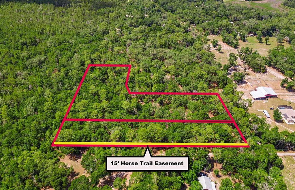 An aerial view shows a wooded lot outlined in red with a horse trail easement — SE 152ND - LOT 17 (RAVENSWOOD RD) PARCEL C PLACE, ALTOONA, FL
