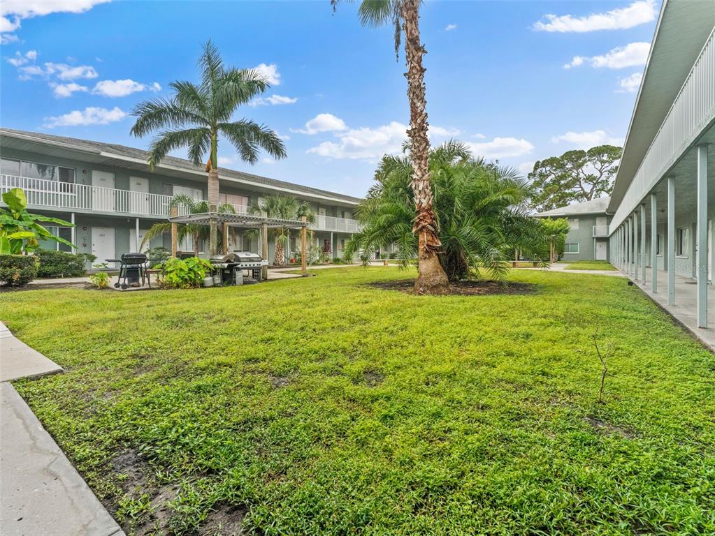 A grassy courtyard with palm trees and a grilling area between two apartment buildings — 335 47TH AVENUE N, ST PETERSBURG, FL
