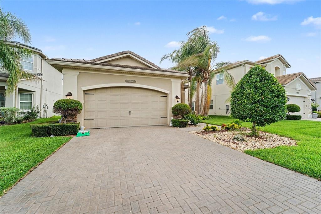 A single-story suburban house with a paved driveway, a two-car garage, and landscaped front yard — 30867 LINDENTREE DRIVE, WESLEY CHAPEL, FL
