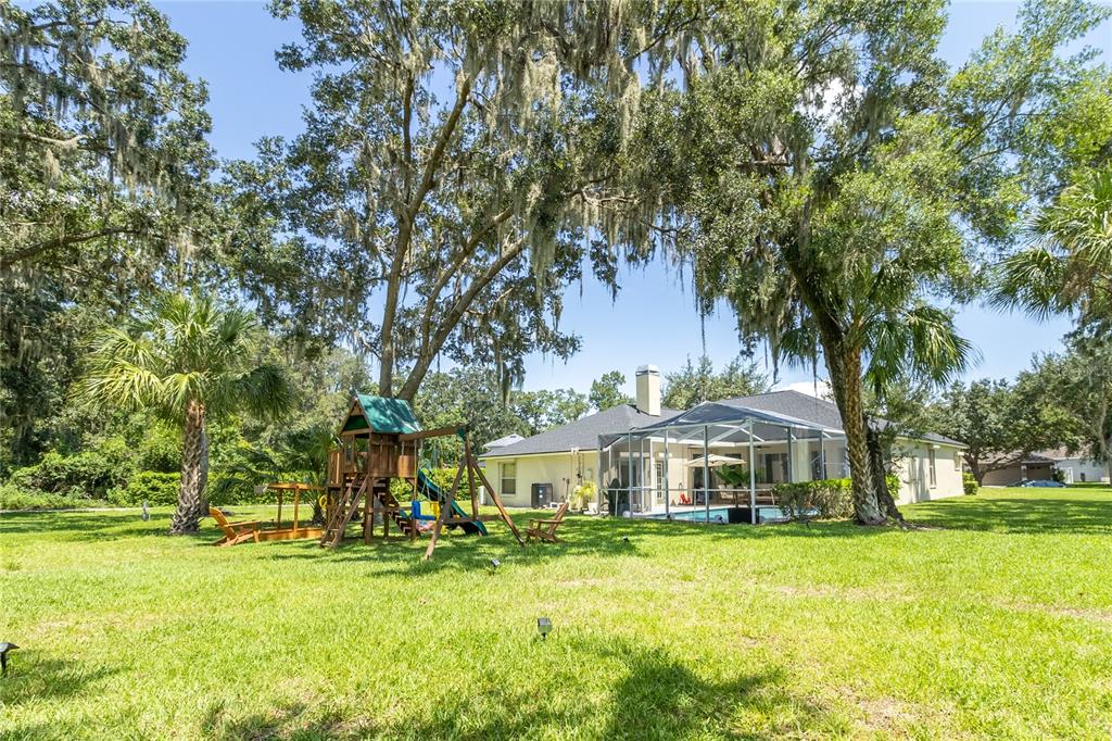 A backyard with a wooden playset, a screened-in pool, and large trees with Spanish moss — 12526 RIVER BIRCH DRIVE, RIVERVIEW, FL