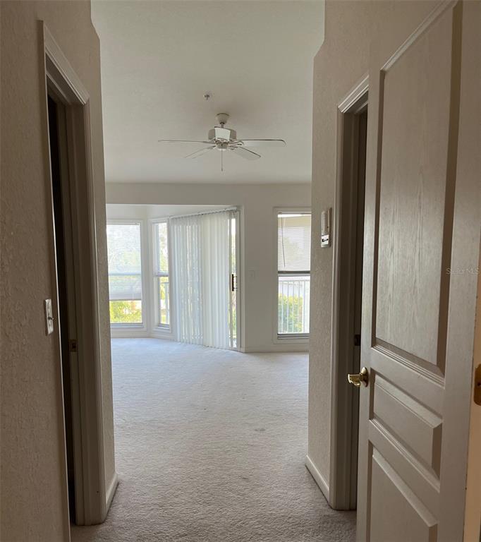 A view through a doorway into a carpeted living area with a ceiling fan — 116 BRENT CIRCLE, OLDSMAR, FL