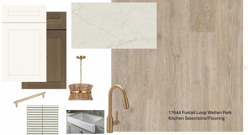 This design board displays kitchen finish samples including cabinetry, flooring, countertop, hardware, and fixtures — 17644 FOXTAIL LOOP, VENICE, FL