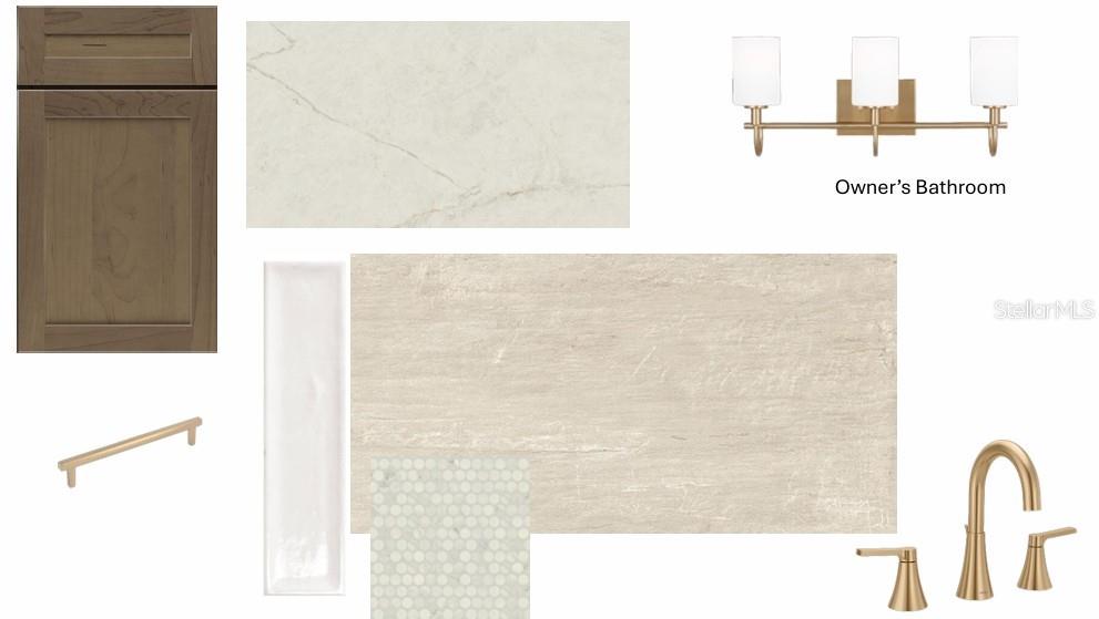 This design board displays cabinetry, countertop, tile, lighting, and faucet finishes for a bathroom — 17644 FOXTAIL LOOP, VENICE, FL