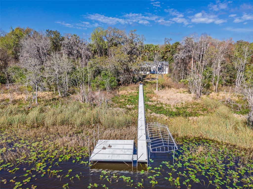 An aerial view shows a long dock extending from a grassy shoreline toward a lake — 17482 SE 34TH LANE, OCKLAWAHA, FL