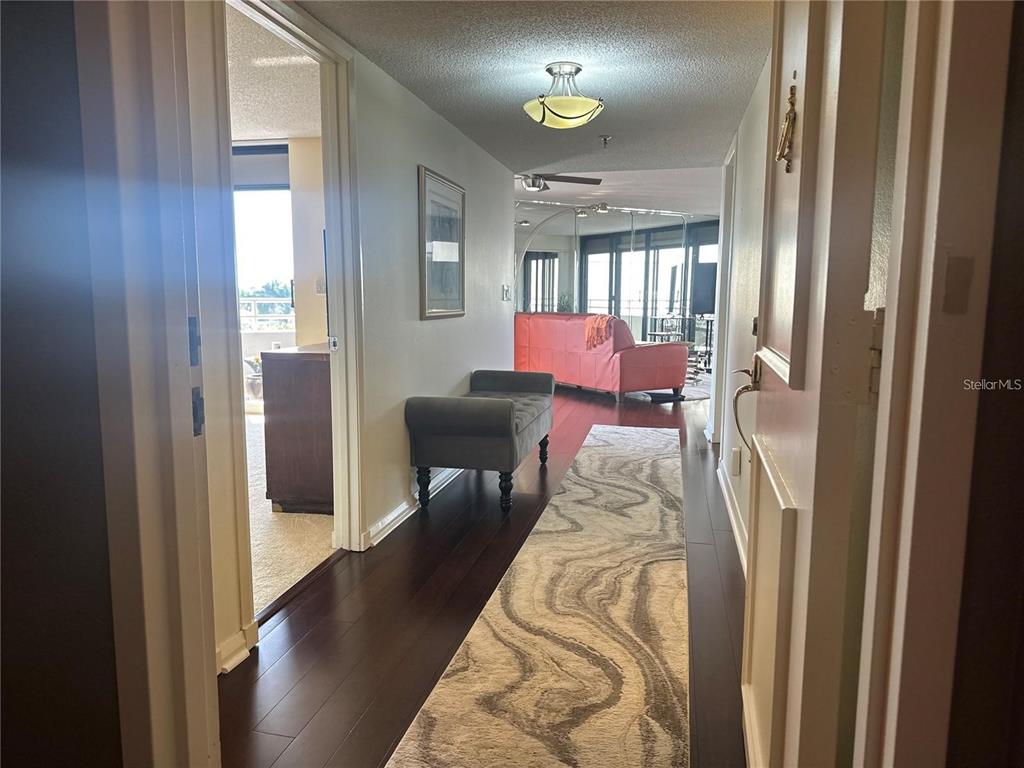 A hallway with dark wood flooring and a patterned runner leads toward a living area — 5950 PELICAN BAY PLAZA S UNIT 505, GULFPORT, FL
