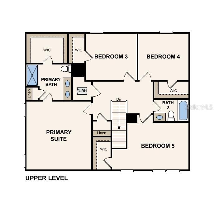 This is a floor plan of an upper level featuring five bedrooms and three bathrooms — 14345 NW 162ND PLACE, ALACHUA, FL