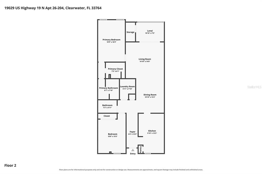 This is a floor plan for a two-bedroom apartment with a lanai and two bathrooms — 19029 US HIGHWAY 19 N UNIT 26-204, CLEARWATER, FL