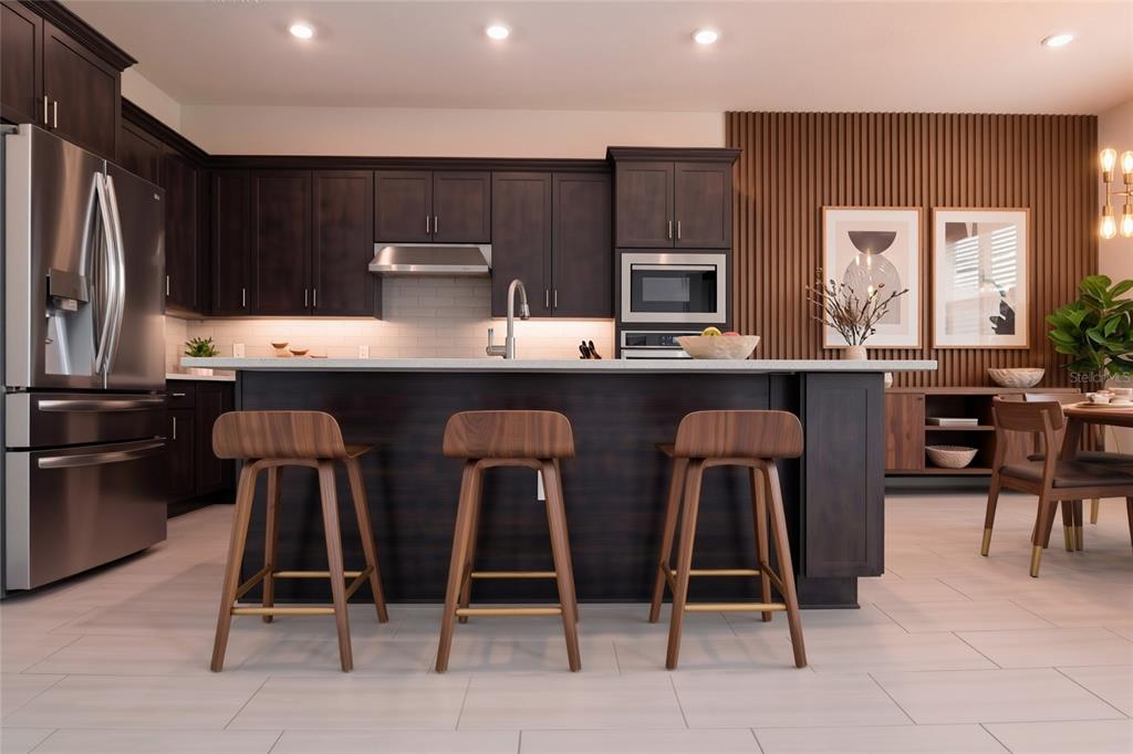 This is a rendering of a modern kitchen featuring dark wood cabinets and a central island — 8087 FENTON STREET, ORLANDO, FL