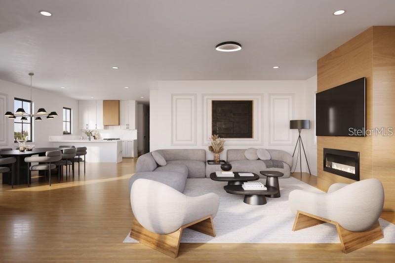 This is a rendering of an open-concept living room and dining area with modern finishes — 611 SIGLER DRIVE, WINTER GARDEN, FL