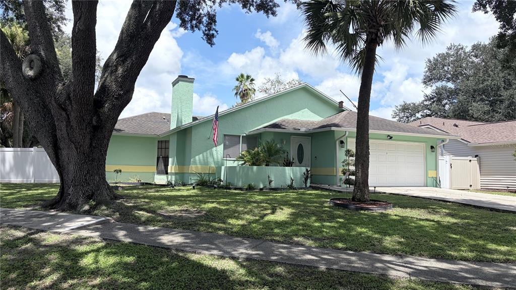 A light green single-story house with a chimney, a garage, and large trees in front — 4142 YELLOWWOOD DRIVE, VALRICO, FL