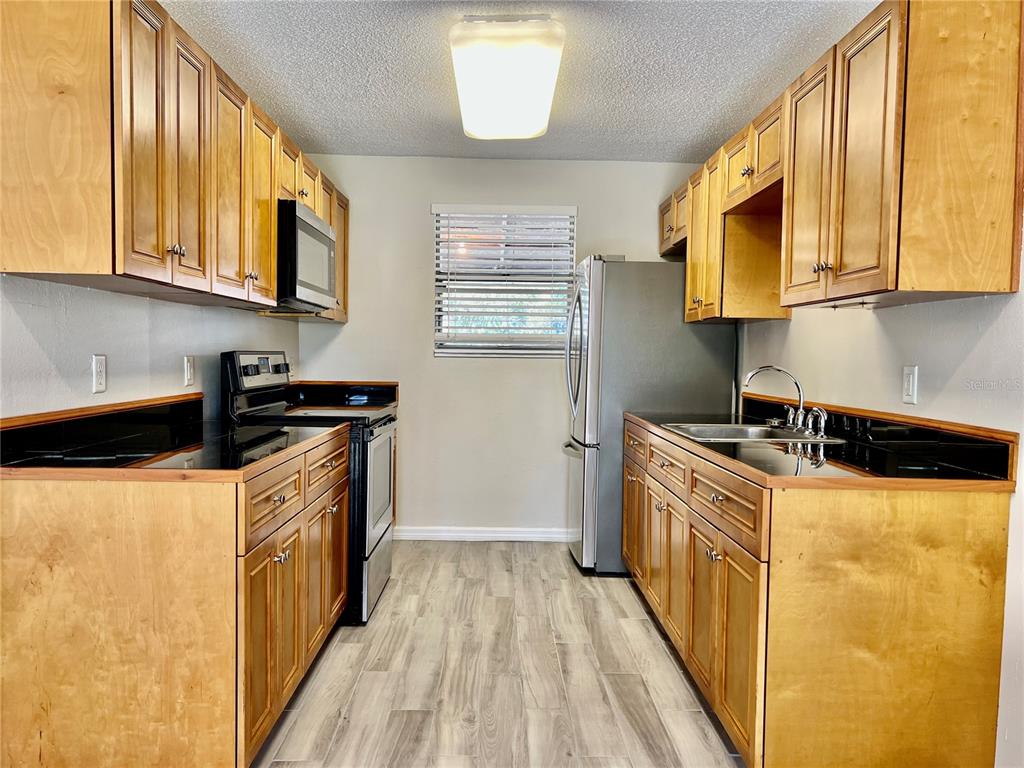 A galley kitchen features light wood cabinets, black countertops, stainless steel appliances, and wood-look flooring — 1820 CENTRAL PARK AVENUE, ORLANDO, FL