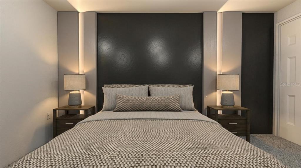 This rendering shows a bedroom with a dark accent wall, recessed lighting, and two nightstands — 2303 SEA ROCK ROSE TRAIL, KISSIMMEE, FL