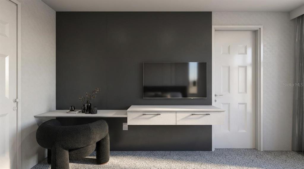 This rendering shows a bedroom with a floating desk and media console against a dark wall — 2303 SEA ROCK ROSE TRAIL, KISSIMMEE, FL