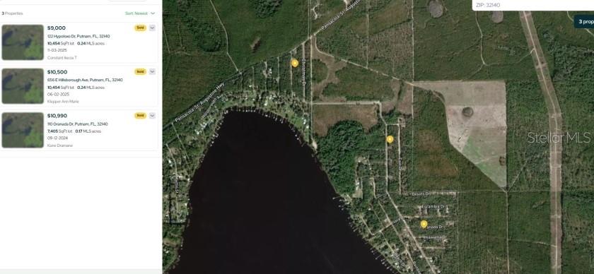 This map shows a satellite view of land parcels near a lake with property listings — 105 GRANADA DRIVE, FLORAHOME, FL