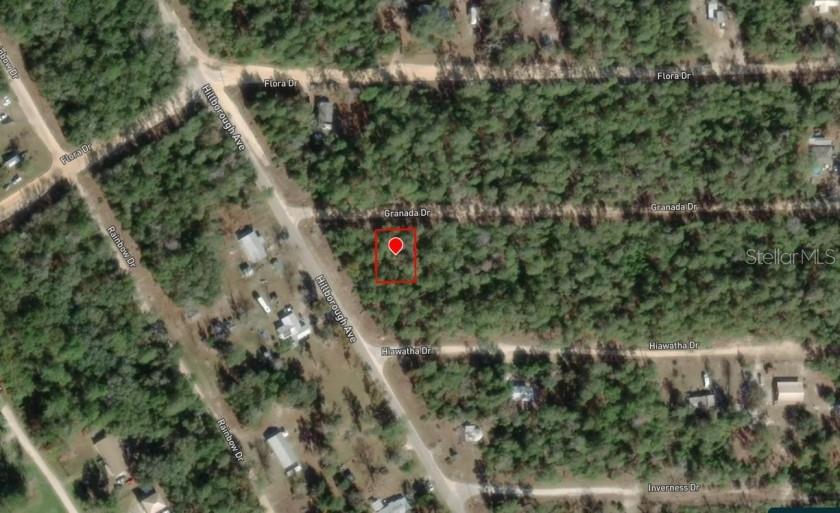 This is an aerial map view showing a vacant, wooded lot marked with a red pin — 105 GRANADA DRIVE, FLORAHOME, FL