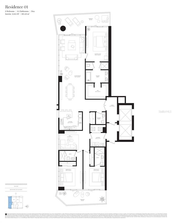 This is a floor plan for a three-bedroom, 3.5-bathroom residential unit with two terraces — 3015 S YSABELLA AVENUE UNIT 601, TAMPA, FL