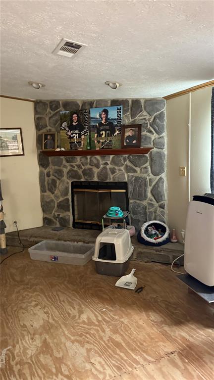 A room features a stone fireplace with a wooden mantel and unfinished plywood flooring — 12171 NW 168TH PLACE, REDDICK, FL