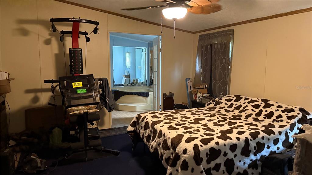 A bedroom with a cow-print bedspread, blue carpet, and a Bowflex machine facing a bathroom — 12171 NW 168TH PLACE, REDDICK, FL
