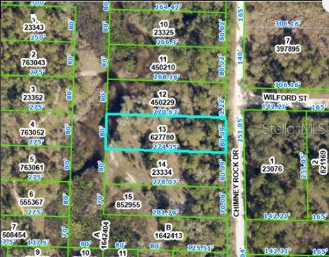 This is a map showing a rectangular plot of land highlighted in blue — CHIMNEY ROCK DRIVE, WEBSTER, FL