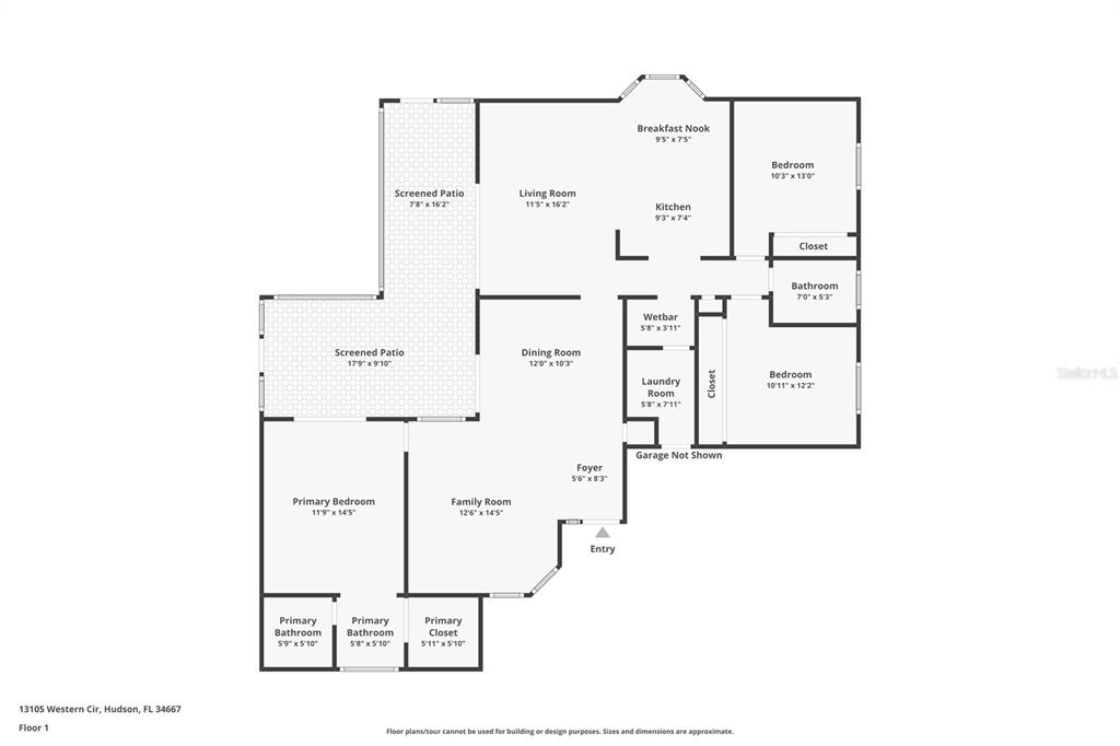 This is a floor plan of a single-story house with three bedrooms and two patios — 13105 WESTERN CIRCLE, HUDSON, FL
