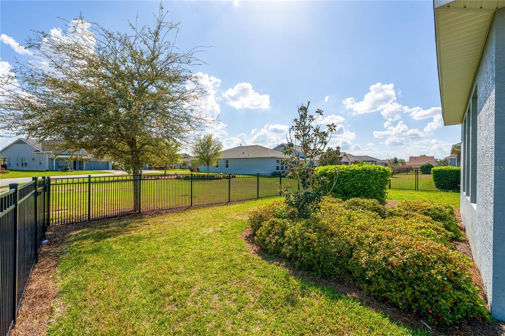 A fenced backyard features a grassy lawn, a large tree, and a landscaped shrub bed — 5608 NW 39TH LANE, OCALA, FL