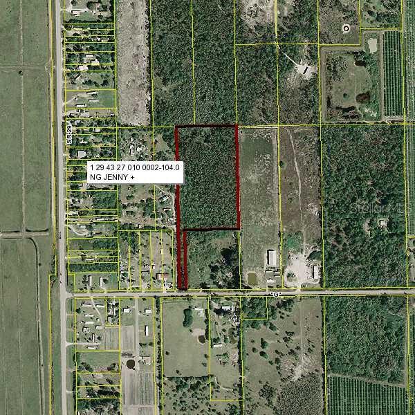 This is an aerial map showing a rectangular parcel of land outlined in red — 320 G ROAD, LABELLE, FL