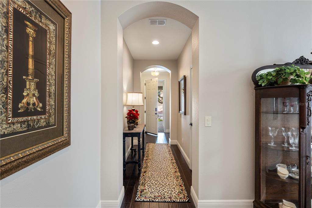 A hallway with arched ceilings, dark wood floors, and a leopard print runner rug — 8104 JAILENE DRIVE, WINDERMERE, FL