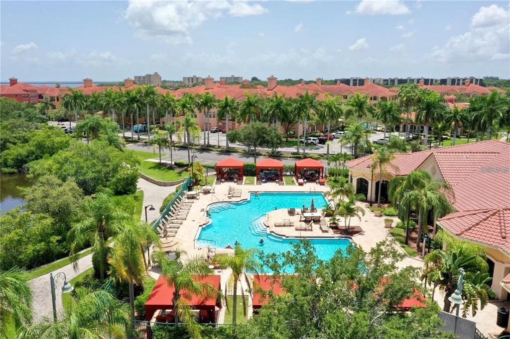 An aerial view of a resort-style swimming pool surrounded by palm trees and residential buildings — 2773 VIA CIPRIANI UNIT 1330B, CLEARWATER, FL