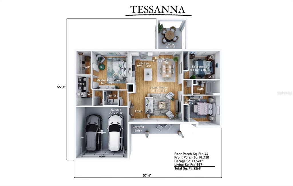 This is a 3D floor plan of a house featuring three bedrooms, a garage, and lanai — TBD BAY LANE LOOP, OCKLAWAHA, FL