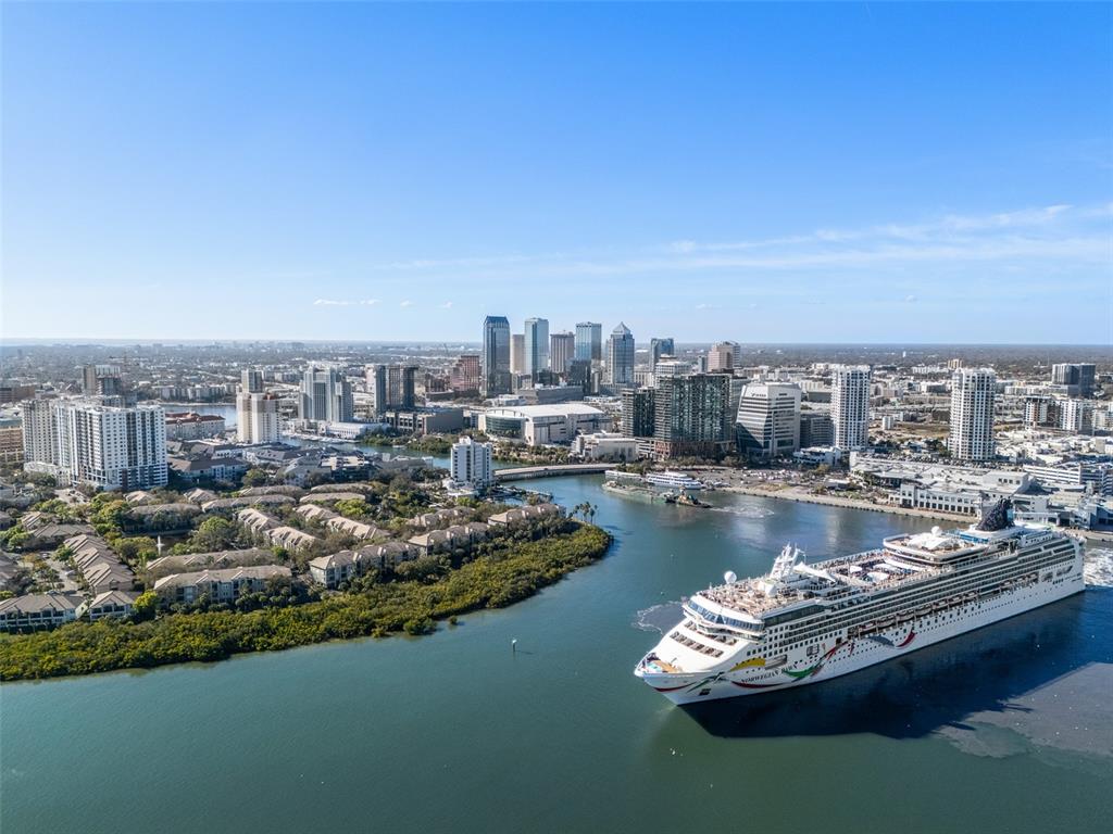 An aerial view shows a cruise ship sailing near a city skyline and waterfront buildings — 1037 NORMANDY TRACE ROAD, TAMPA, FL