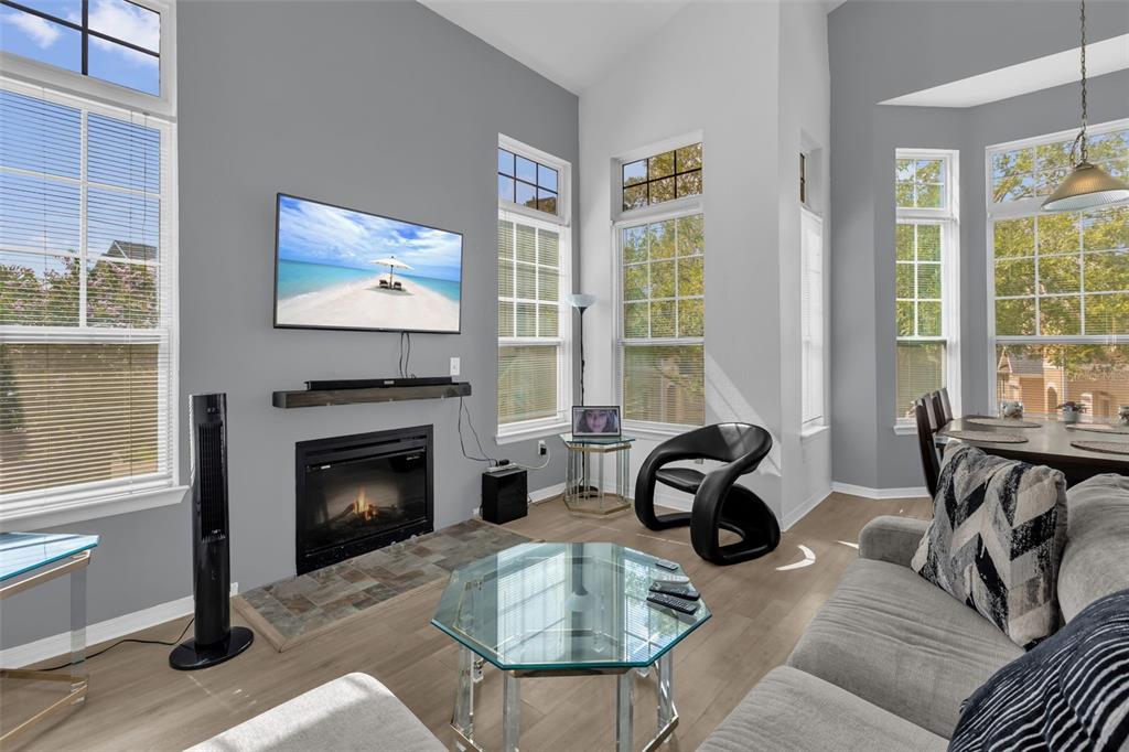 A living room features a fireplace, a wall-mounted television, large windows, and light flooring — 1980 ERVING CIRCLE UNIT 111, OCOEE, FL