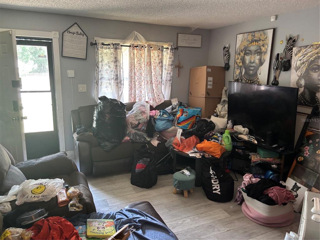 A cluttered living room features a sofa, television, wall art, and various bags and items — 4648 PIEDMONT CT COURT, ORLANDO, FL