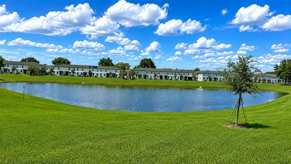 A pond sits in front of a row of multi-family residential buildings under a blue sky — 2518 SWEET VIBURNUM WAY, OCOEE, FL