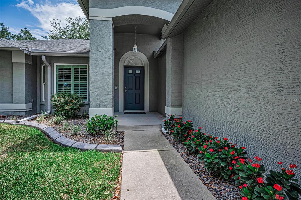 A gray stucco house exterior features a dark front door and a concrete walkway — 1300 FALLOWFIELD DRIVE, TRINITY, FL