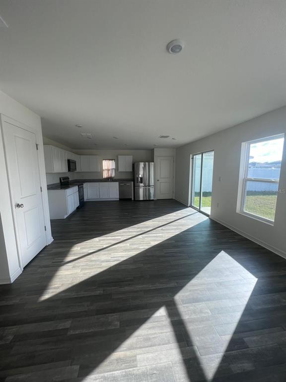 An open-concept kitchen and living area features white cabinetry, stainless steel appliances, and wood-look flooring — 1926 GOLDEN BEAK DRIVE, EAGLE LAKE, FL