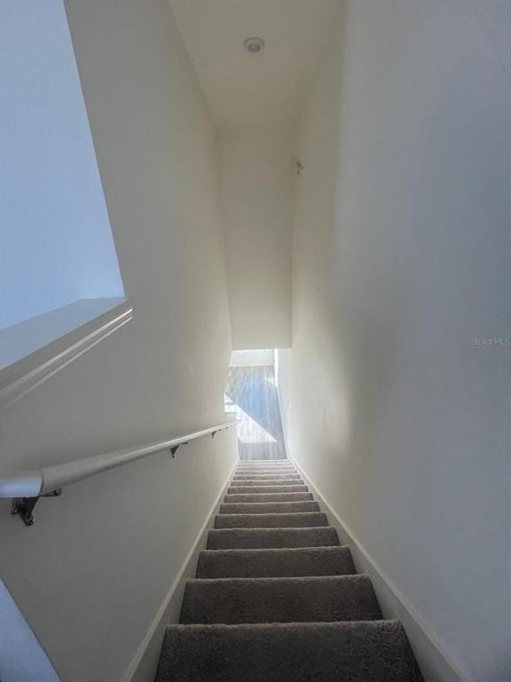 A narrow staircase with gray carpet and a white handrail leads to a lower level — 1926 GOLDEN BEAK DRIVE, EAGLE LAKE, FL