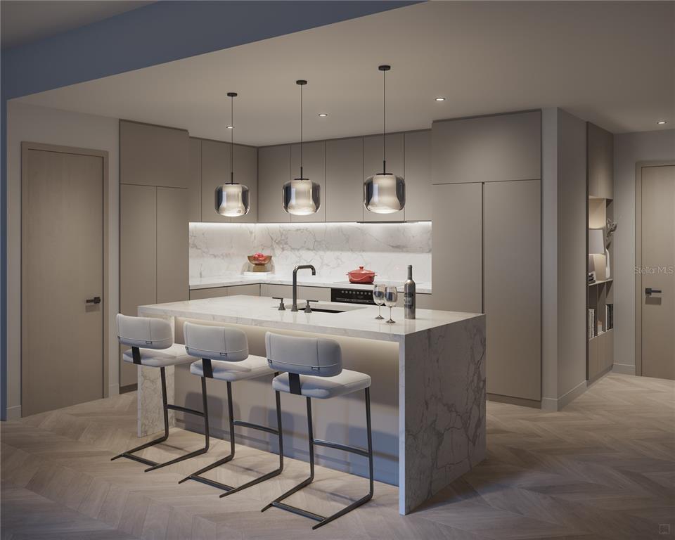 This rendering shows a modern kitchen with a marble waterfall island and light-colored cabinetry — 1101 E JACKSON STREET UNIT 3315, TAMPA, FL